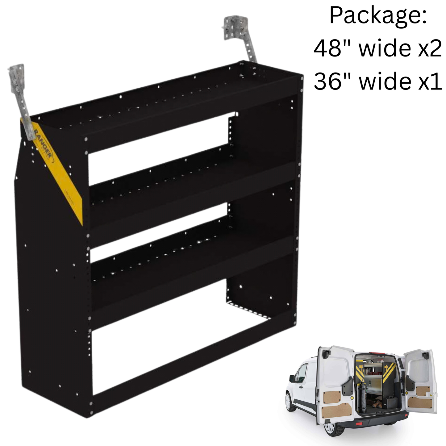 Van Shelving Package B-Series Steel Shelves for Low Roof Van, 1 pc. 14″ x 44.5″ x 36" + 2 pcs. 14″ x 44.5″ x 48″ (Set of  3 Shelving Units) - B4-RS36-3 x1 / B4-RS48-3 x2