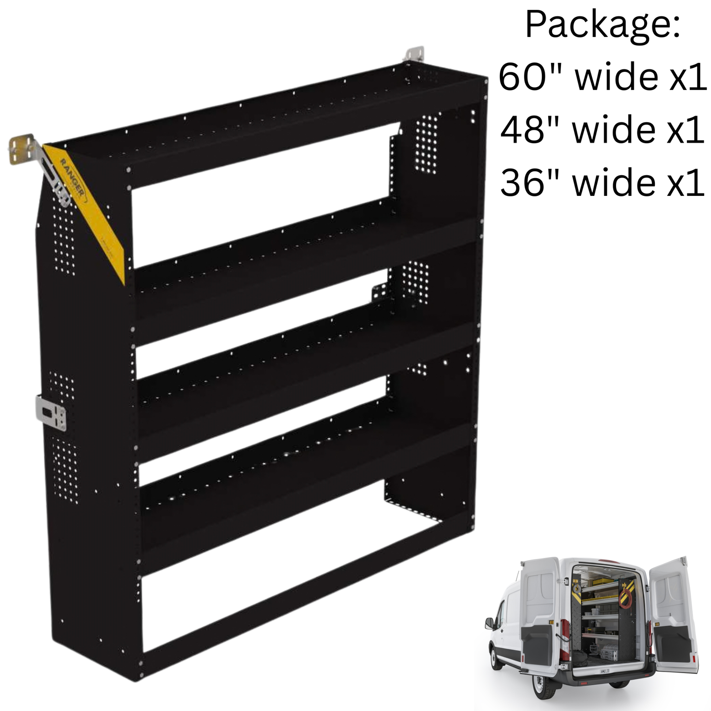 Van Shelving Package B-Series Steel Shelving Unit for High Roof Van, 1 pc. 14″ x 62″ x 36″ + 1 pc. 14″ x 62″ x 48″ + 1 pc. 14″ x 62″ x 60″ (Set of  3 Shelving Units) - B5-RS36-4 / B5-RS48-4 / B5-RS60-4
