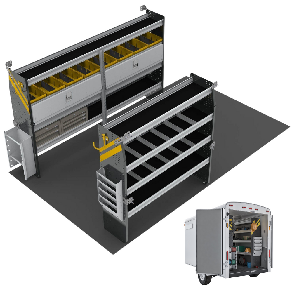 
                      
                        Electrician Van Shelving Package, 10′ Box Truck/Enclosed Trailer – BTS-11
                      
                    