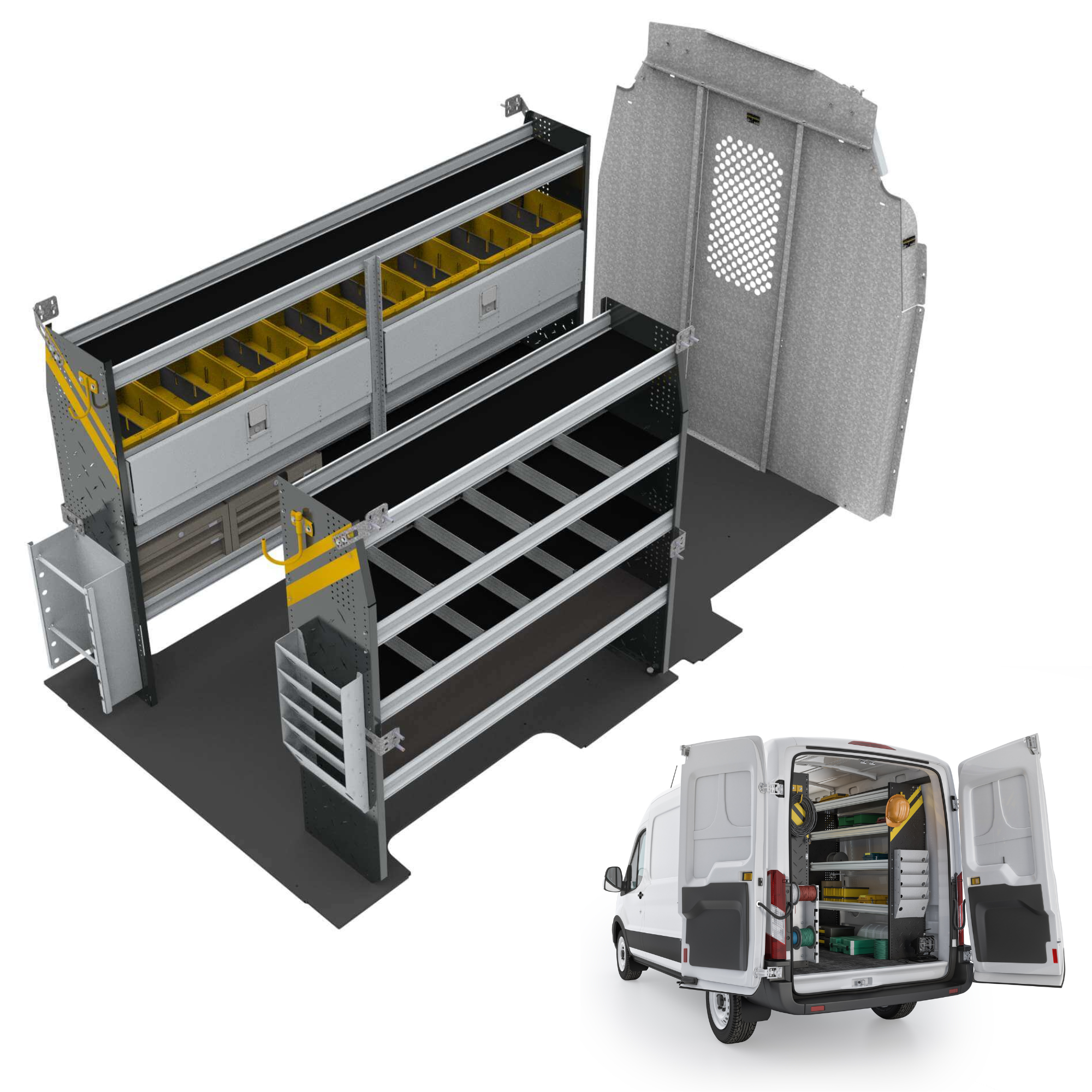 Electrician Van Shelving Package, Ford Transit Med Roof, 130” WB – FTR-11