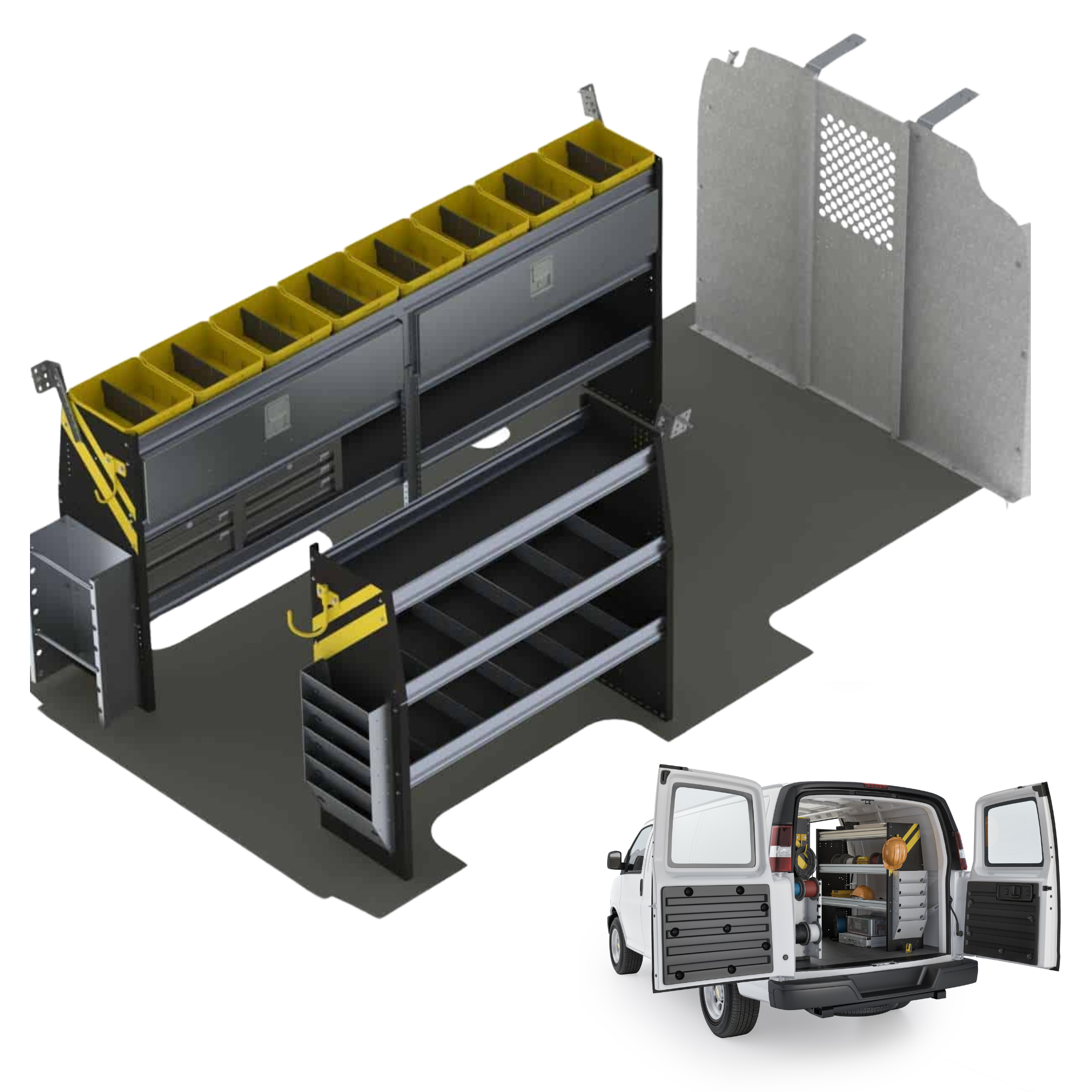Electrician Van Shelving Package, Chevrolet Express, 155” WB – GSL-11