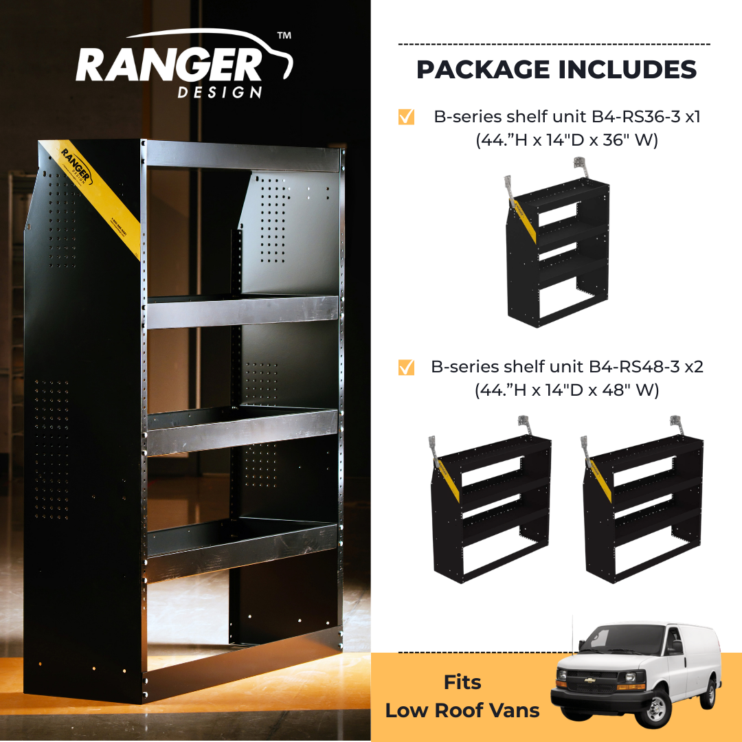 Van Shelving Package B-Series Steel Shelves for Low Roof Van, 1 pc. 14″ x 44.5″ x 36" + 2 pcs. 14″ x 44.5″ x 48″ (Set of  3 Shelving Units) - B4-RS36-3 x1 / B4-RS48-3 x2