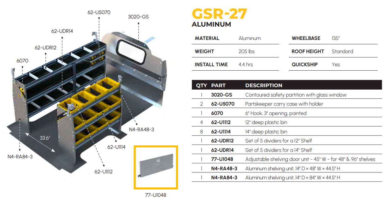 Aluminum Van Shelving Package, Chevrolet Express, 135” WB – GSR-27