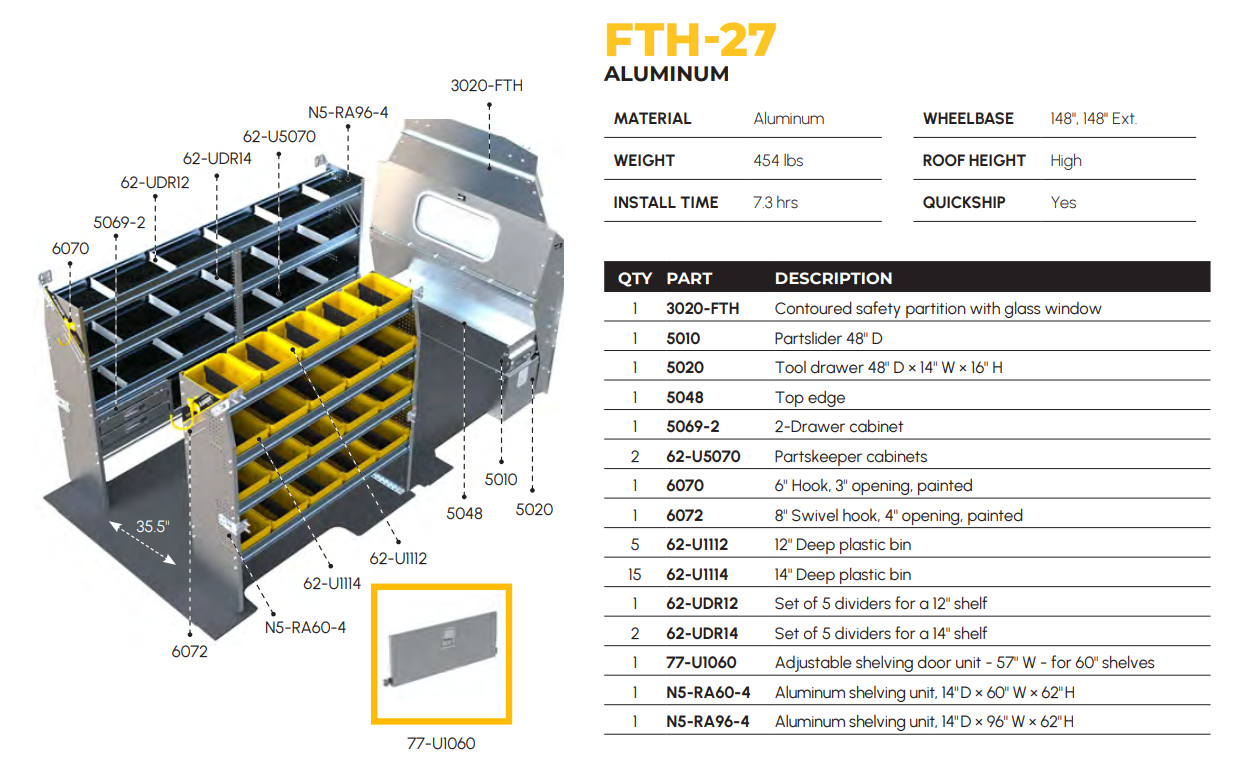 Aluminum Van Shelving Package, Ford Transit High Roof, 148", 148" Ext. WB – FTH-27
