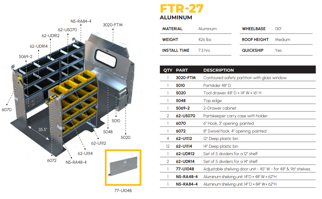 Aluminum Van Shelving Package, Ford Transit Med Roof, 130” WB – FTR-27