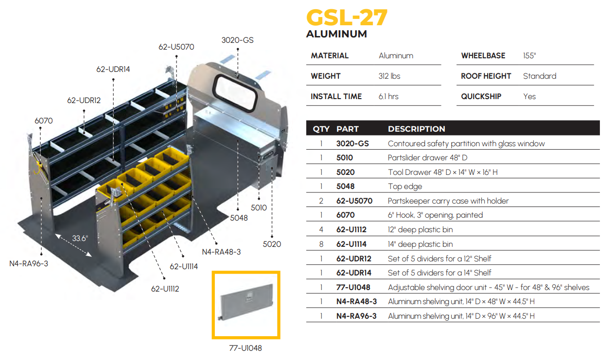 Aluminum Van Shelving Package, Chevrolet Express, 155” WB – GSL-27