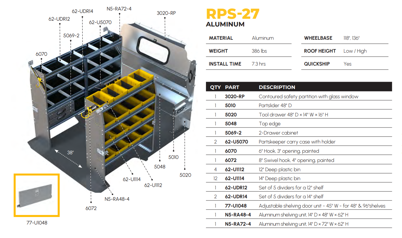 Aluminum Van Shelving Package, RAM ProMaster, 118” / 136” WB – RPS-27