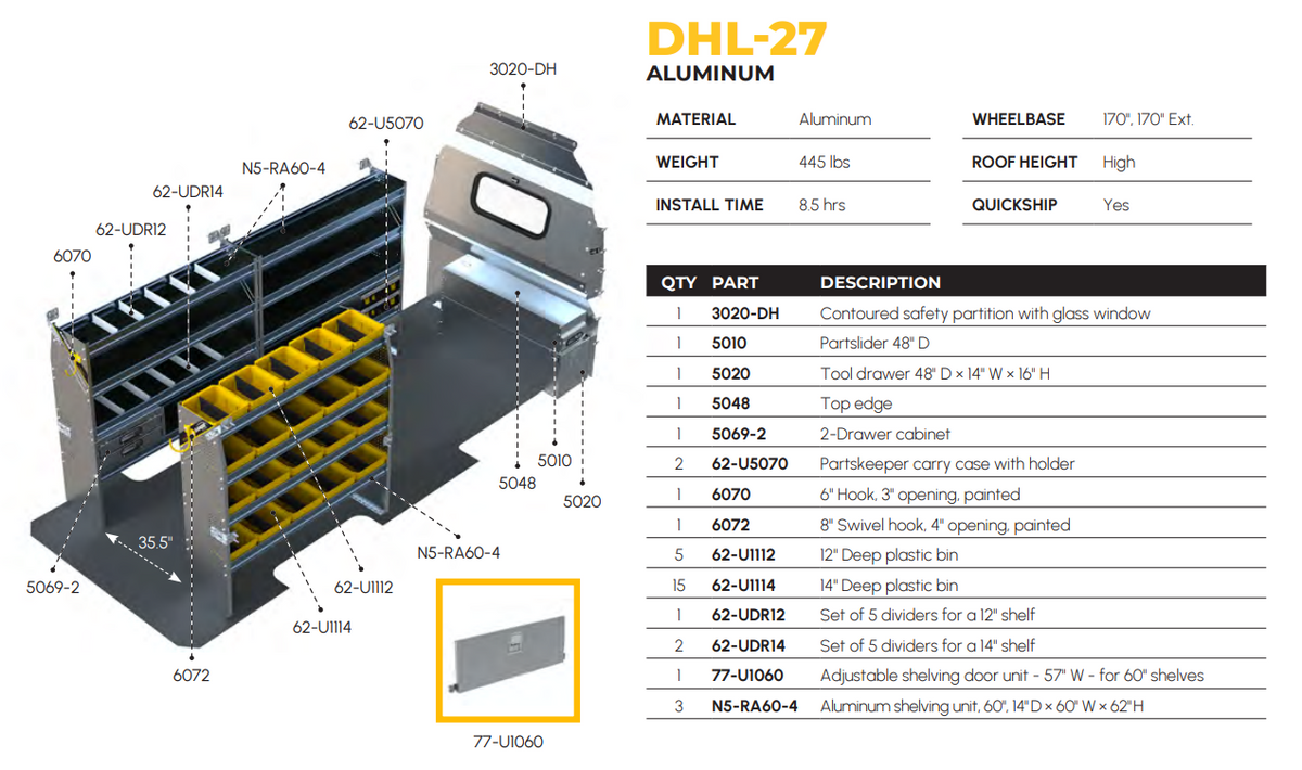 Aluminum Van Shelving Package, Mercedes Sprinter High Roof, 170”, 170" Ext. WB – DHL-27