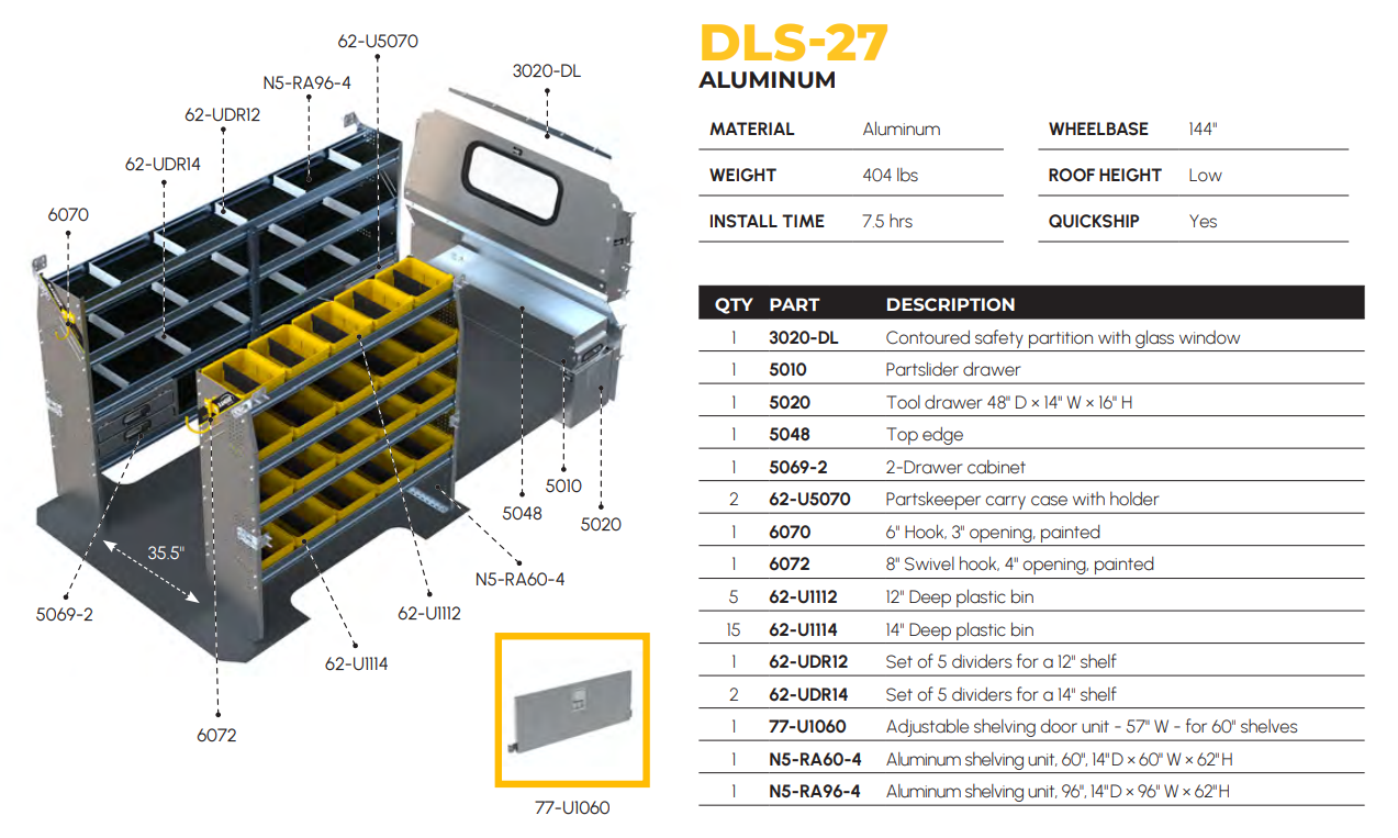 Aluminum Van Shelving Package, Mercedes Sprinter Low Roof, 144” WB – DLS-27
