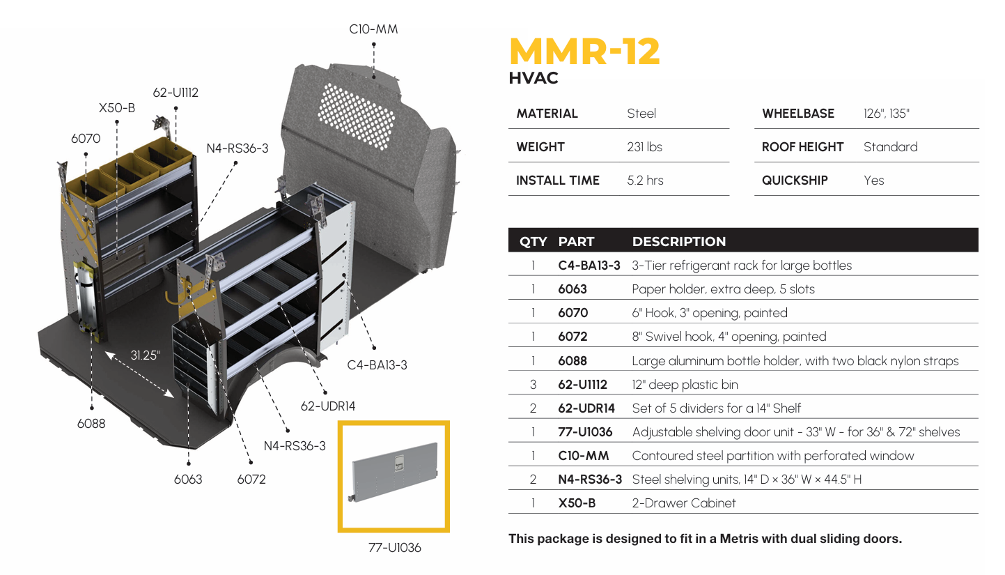 HVAC Van Shelving Package, Mercedes Metris All WB – MMR-12