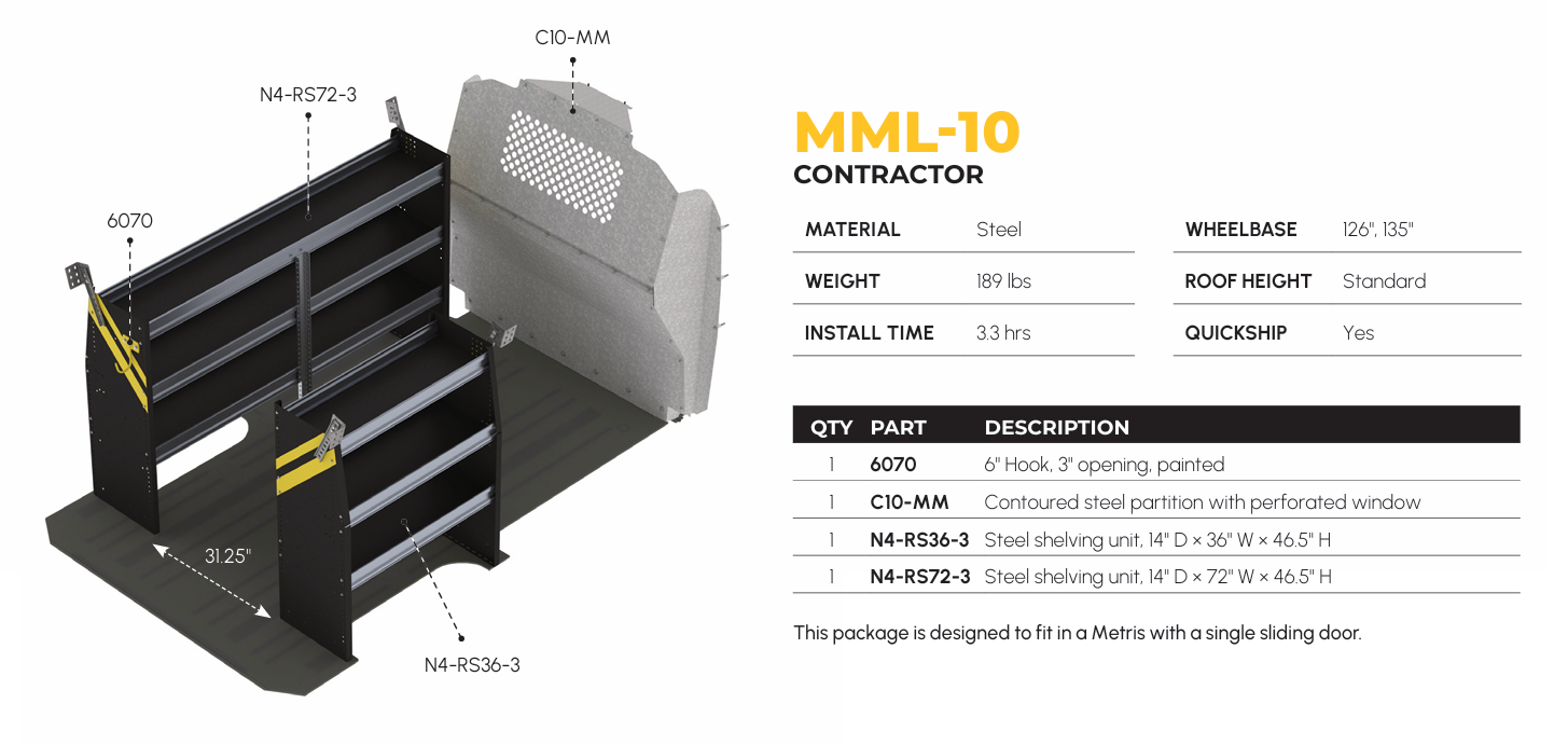 Contractor Van Shelving Package, Mercedes Metris All WB – MML-10