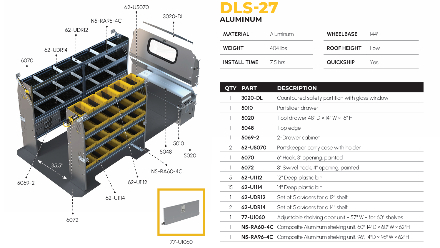 Aluminum Van Shelving Package, Mercedes Sprinter Low Roof, 144” WB – DLS-27