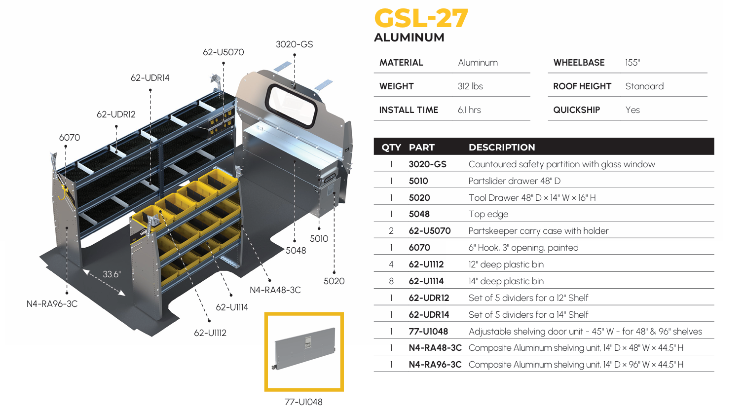 Aluminum Van Shelving Package, Chevrolet Express, 155” WB – GSL-27