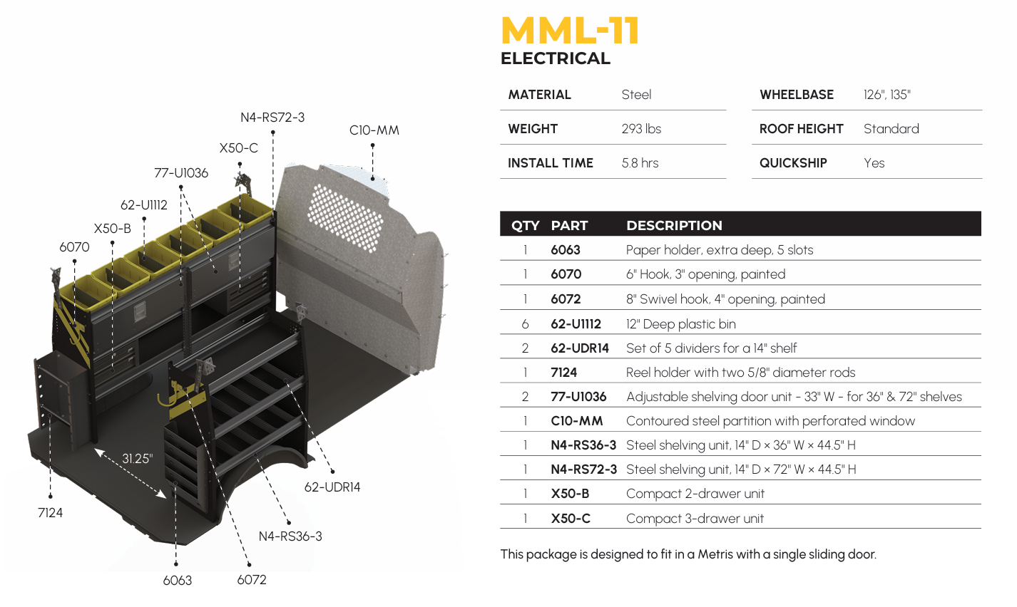 Electrician Van Shelving Package, Mercedes Metris All WB – MML-11
