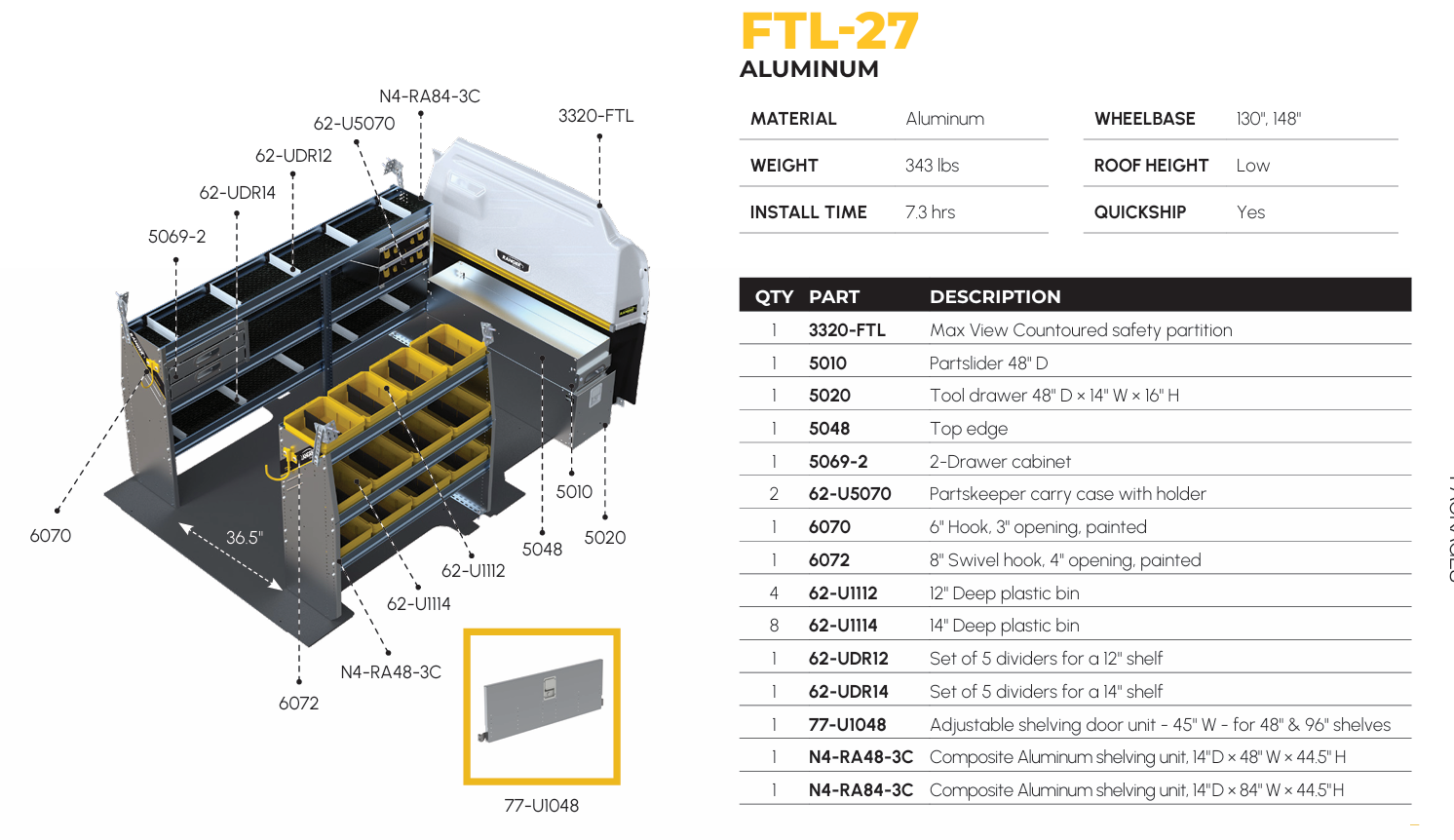 Aluminum Van Shelving Package, Ford Transit Low Roof 130", 148" WB – FTL-27