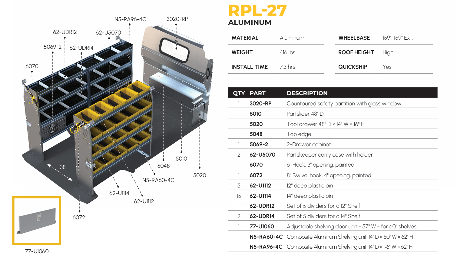 Aluminum Van Shelving Package, RAM ProMaster High Roof, 159”, 159" Ext. WB – RPL-27