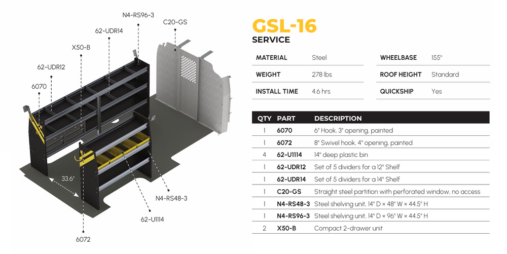 
                      
                        Mobile Service & Plumbing Van Shelving Package, Chevrolet Express, 155” WB – GSL-16
                      
                    