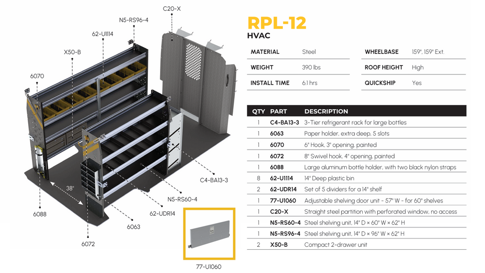 
                      
                        HVAC Van Shelving Package, RAM ProMaster, 159” WB – RPL-12
                      
                    