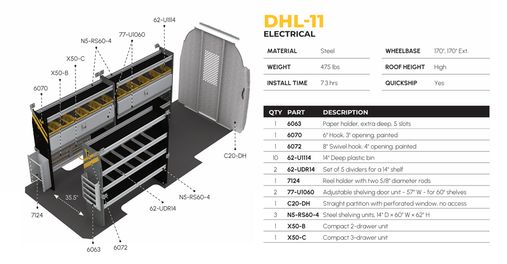 
                      
                        Electrician Van Shelving Package, Mercedes Sprinter, 170” WB – DHL-11
                      
                    
