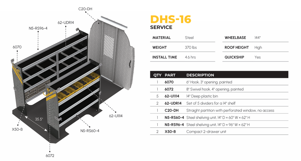
                      
                        Mobile Service & Plumbing Van Shelving Package, Mercedes Sprinter, 144” WB – DHS-16
                      
                    