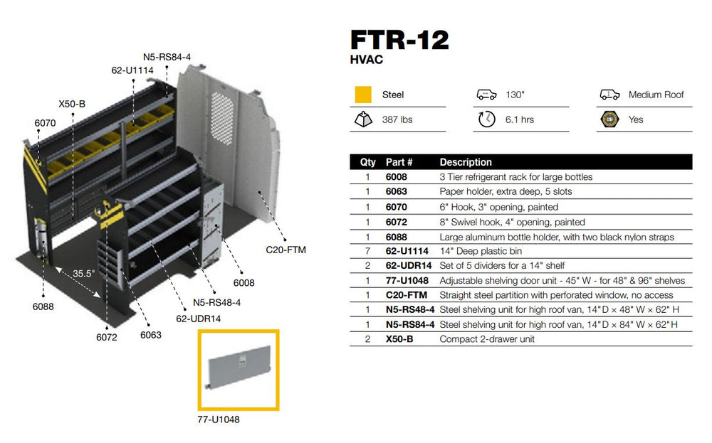 
                      
                        HVAC Van Shelving Package, Ford Transit Med Roof, 130” WB – FTR-12
                      
                    