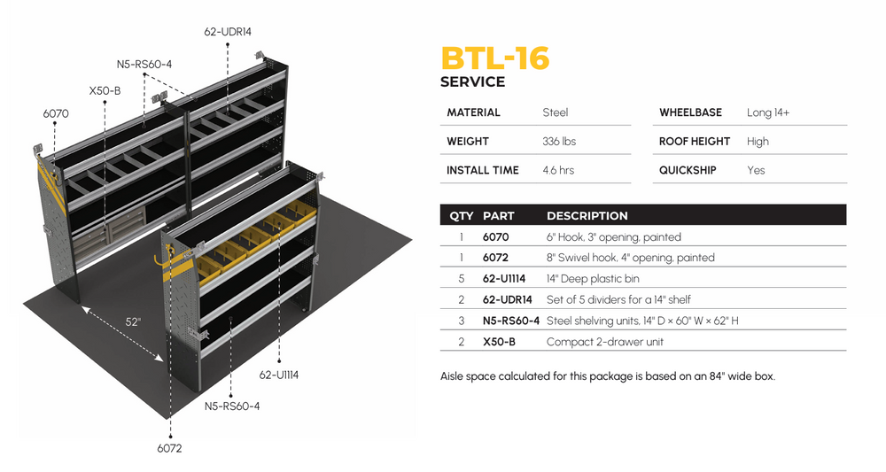 
                      
                        Mobile Service & Plumbing Van Shelving Package, 14′ Box Truck/Enclosed Trailer – BTL-16
                      
                    
