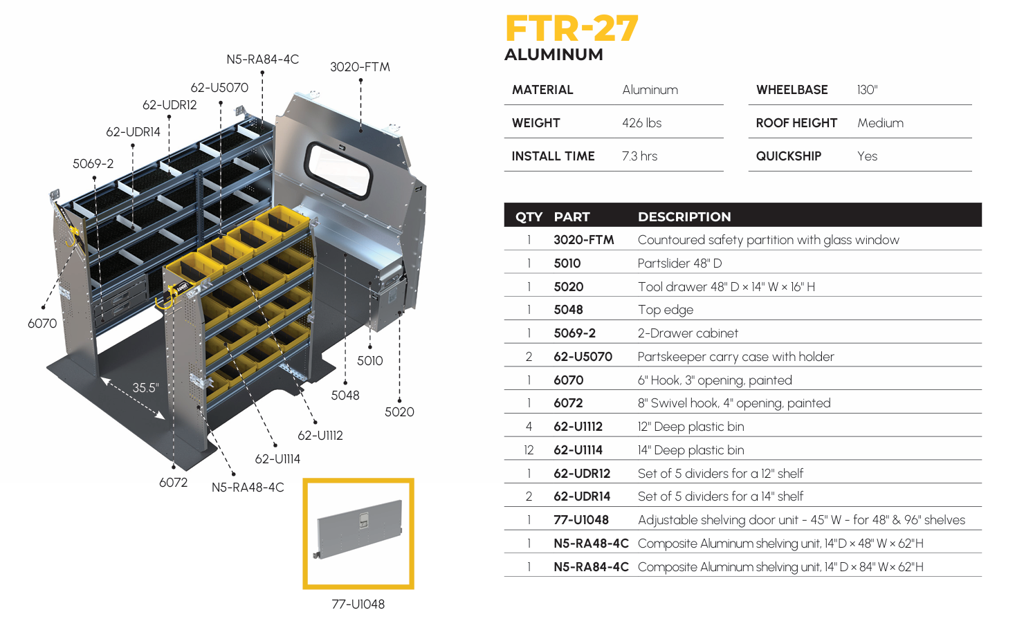 Aluminum Van Shelving Package, Ford Transit Med Roof, 130” WB – FTR-27
