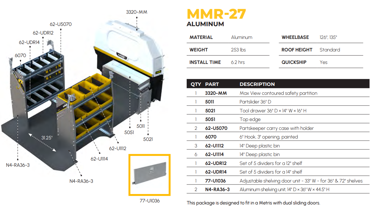 Aluminum Van Shelving Package, Mercedes Metris All WB – MMR-27