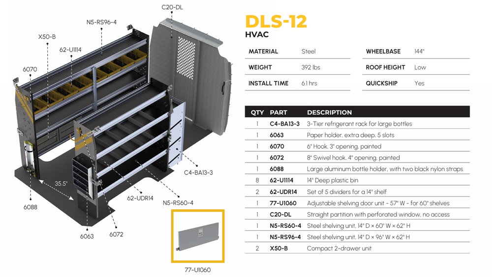 
                      
                        HVAC Van Shelving Package, Mercedes Sprinter, 144″ WB – DLS-12
                      
                    