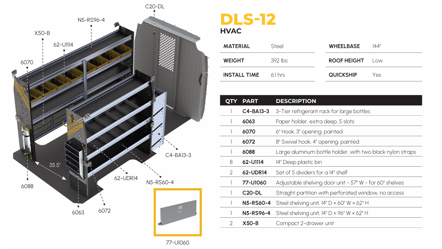 HVAC Van Shelving Package, Mercedes Sprinter, 144″ WB – DLS-12