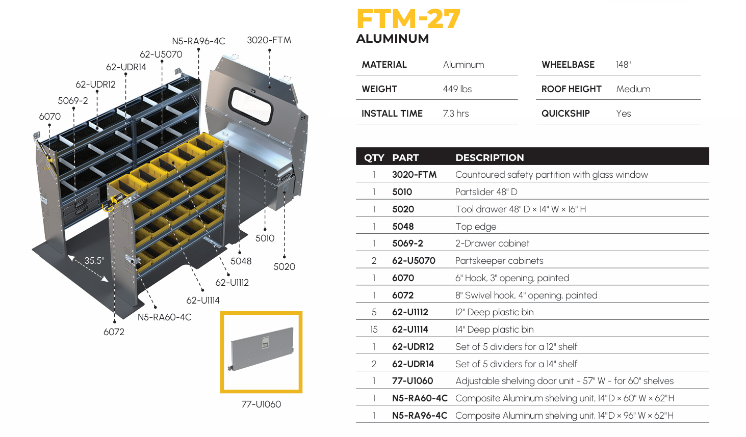 Aluminum Van Shelving Package, Ford Transit Med Roof, 148” WB – FTM-27