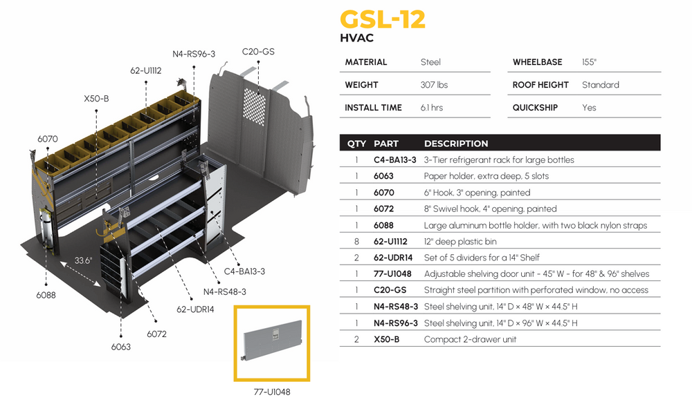 
                      
                        HVAC Van Shelving Package, Chevrolet Express, 155” WB – GSL-12
                      
                    