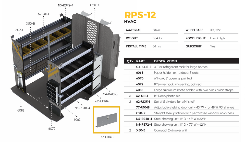 
                      
                        HVAC Van Shelving Package, RAM ProMaster, 118” / 136” WB – RPS-12
                      
                    