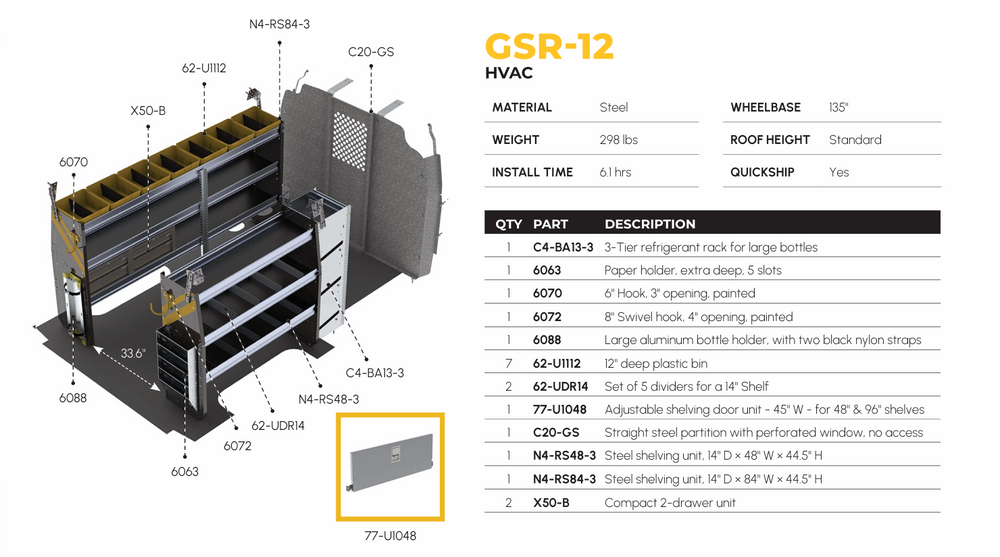 
                      
                        HVAC Van Shelving Package, Chevrolet Express, 135” WB – GSR-12
                      
                    