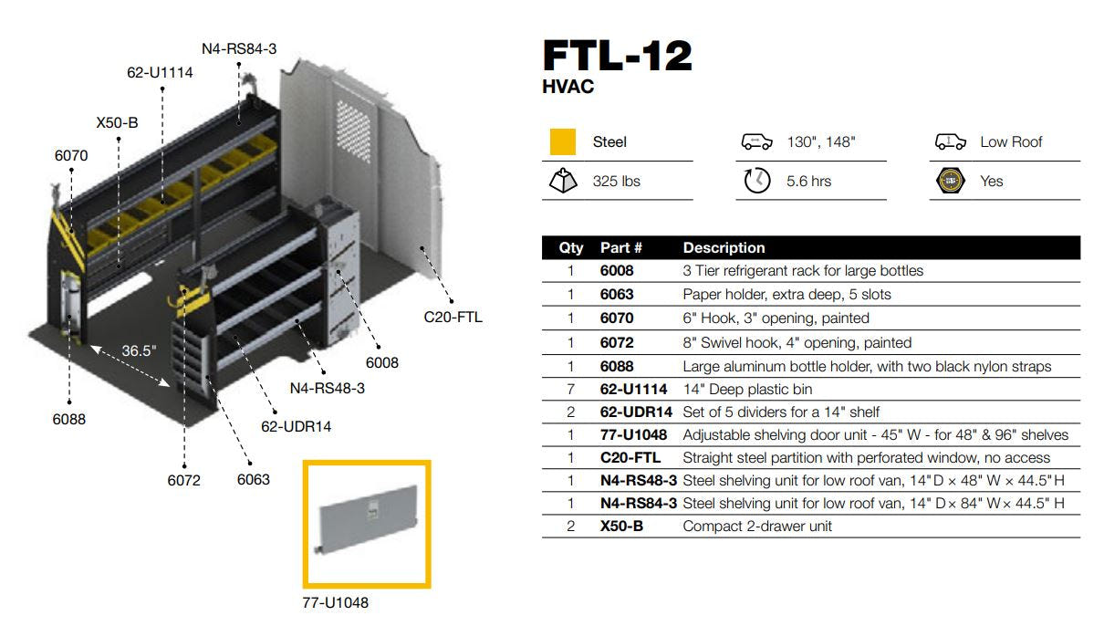HVAC Van Shelving Package, Ford Transit Low Roof – FTL-12