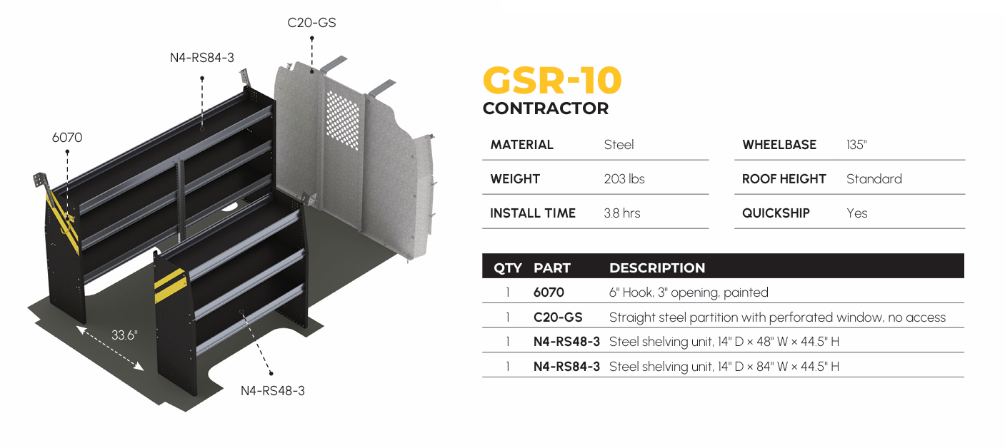 Contractor Van Shelving Package, Chevrolet Express, 135” WB – GSR-10