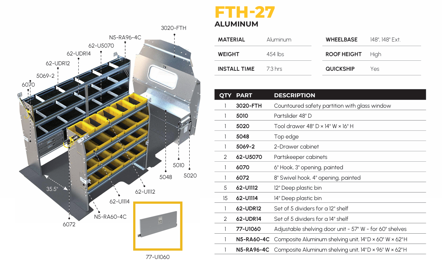 Aluminum Van Shelving Package, Ford Transit High Roof, 148", 148" Ext. WB – FTH-27