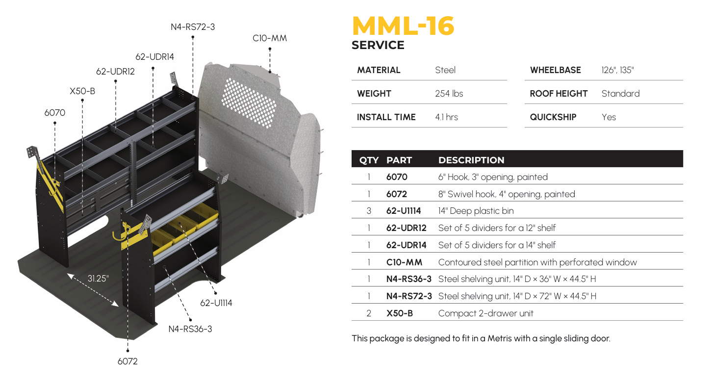 Mobile Service & Plumbing Van Shelving Package, Mercedes Metris All WB – MML-16