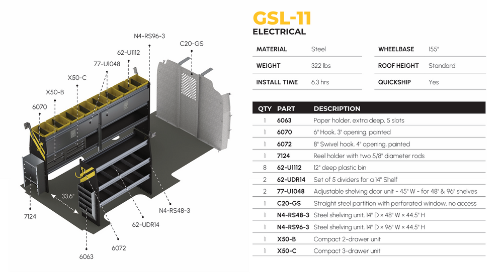 
                      
                        Electrician Van Shelving Package, Chevrolet Express, 155” WB – GSL-11
                      
                    