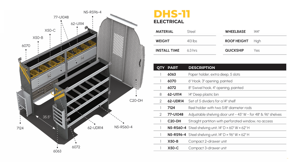 
                      
                        Electrician Van Shelving Package, Mercedes Sprinter, 144” WB – DHS-11
                      
                    