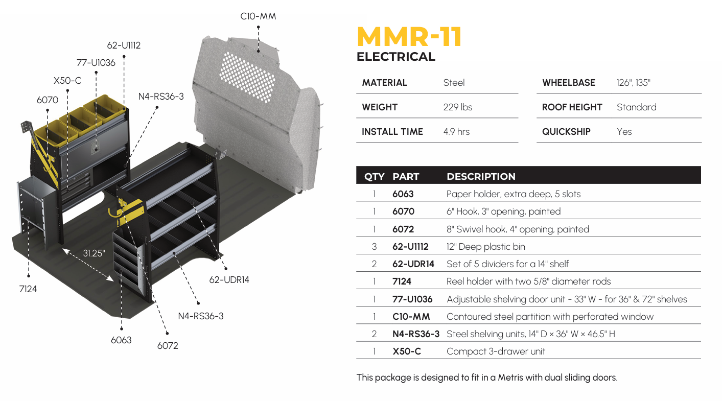 Electrician Van Shelving Package, Mercedes Metris All WB – MMR-11