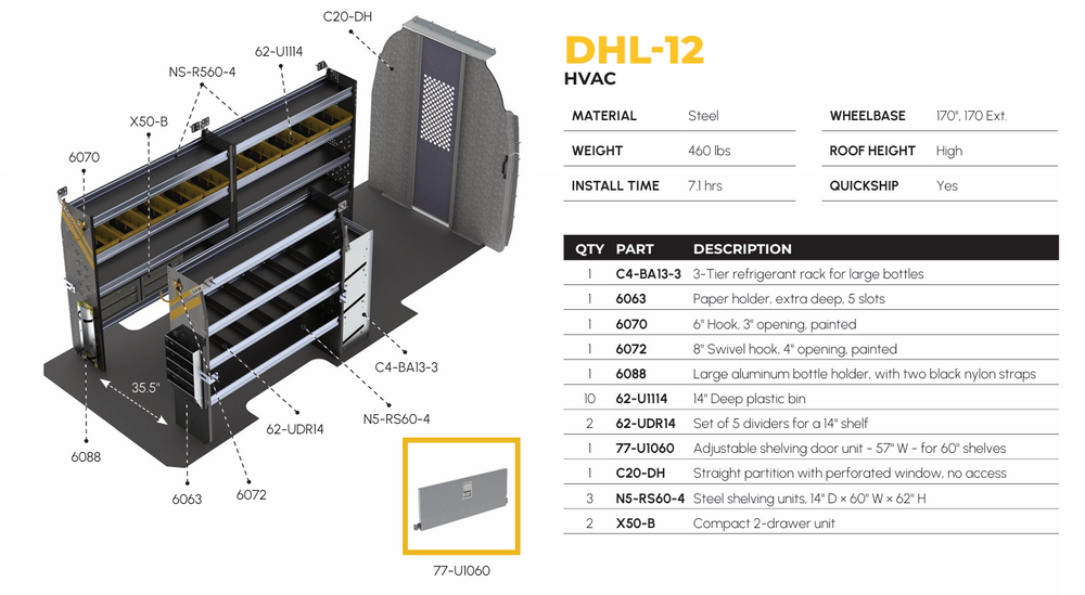 
                      
                        HVAC Van Shelving Package, Mercedes Sprinter, 170″ WB – DHL-12
                      
                    