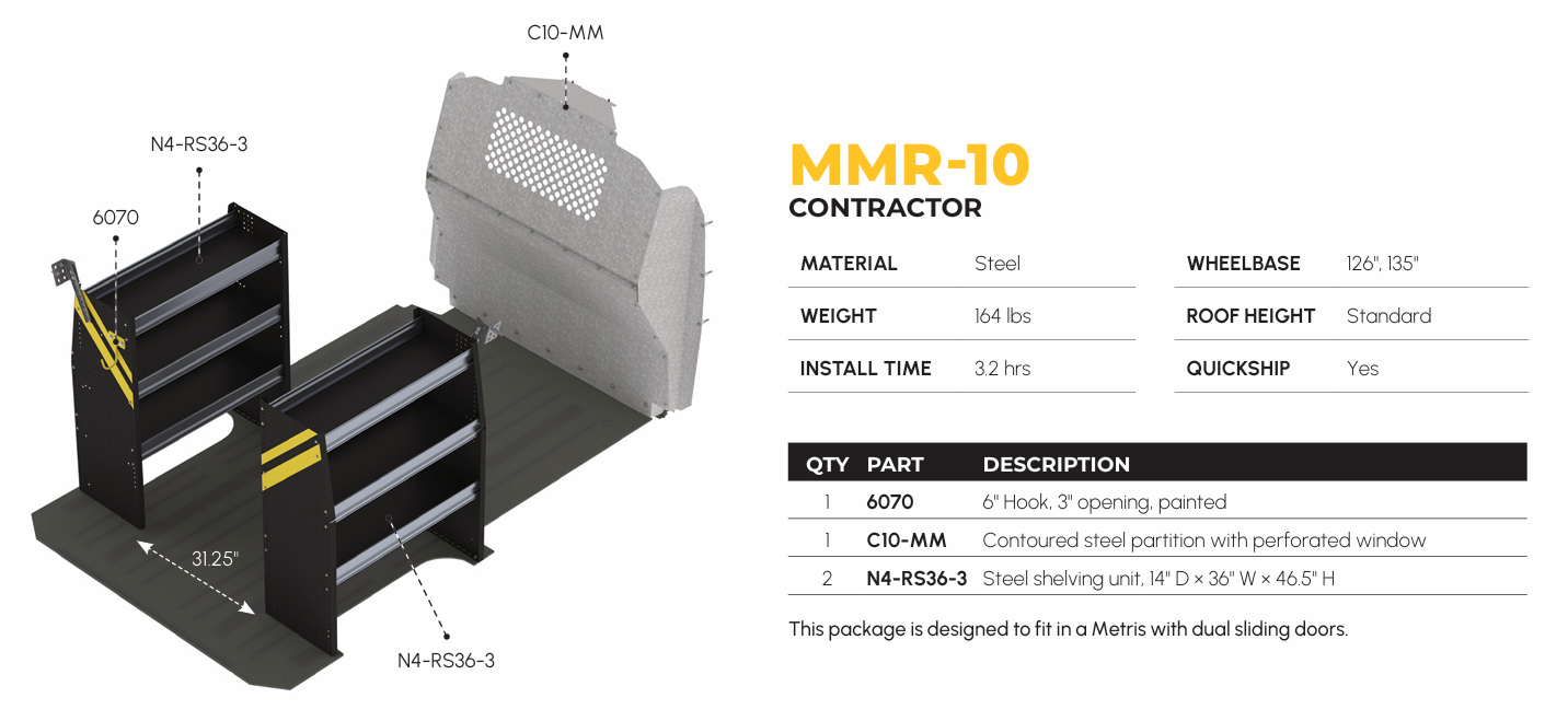 Contractor Van Shelving Package, Mercedes Metris All WB – MMR-10