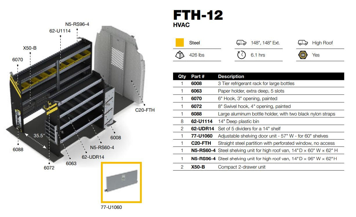 HVAC Van Shelving Package, Ford Transit High Roof – FTH-12