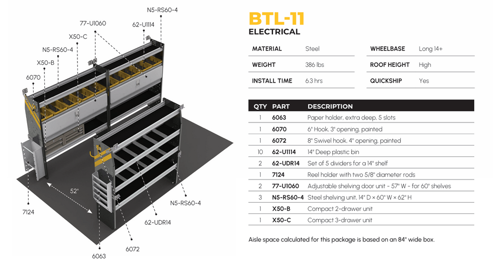 
                      
                        Electrician Van Shelving Package, 14′ Box Truck/Enclosed Trailer – BTL-11
                      
                    