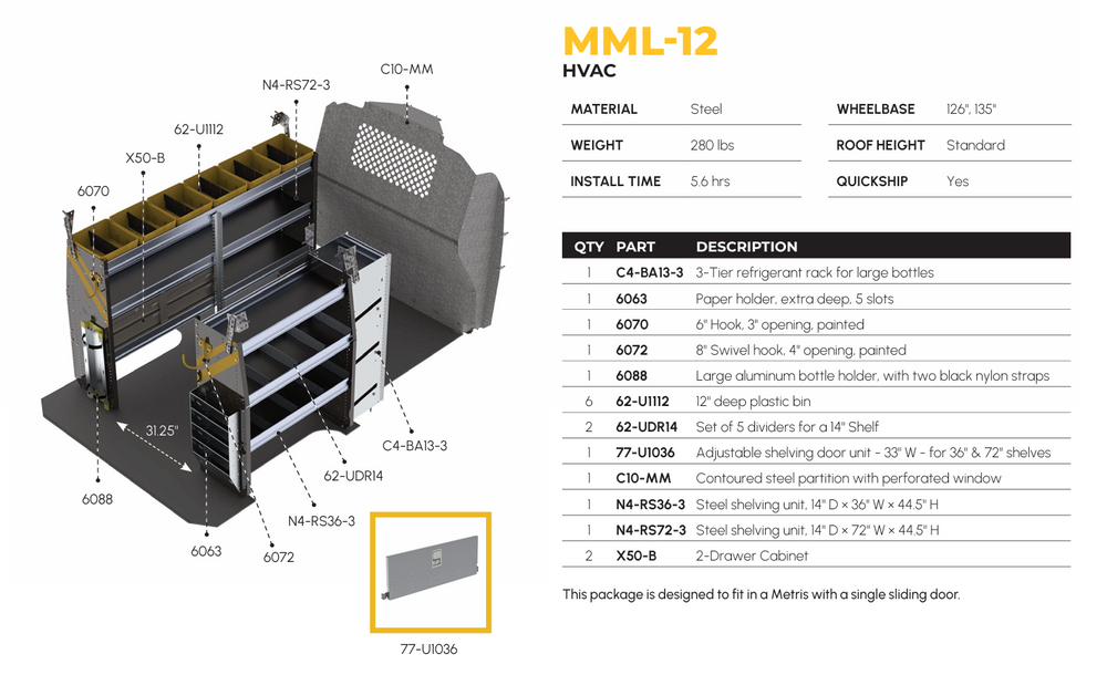 
                      
                        HVAC Van Shelving Package, Mercedes Metris All WB – MML-12
                      
                    