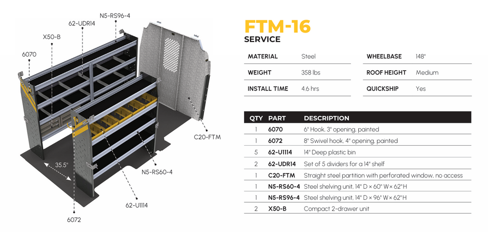 
                      
                        Mobile Service & Plumbing Van Shelving Package, Ford Transit Med Roof, 148” WB – FTM-16
                      
                    