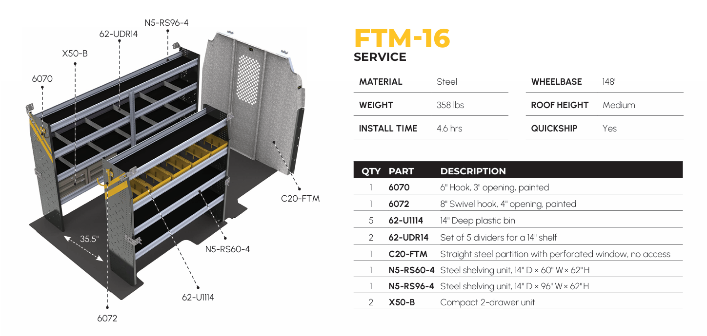 Mobile Service & Plumbing Van Shelving Package, Ford Transit Med Roof, 148” WB – FTM-16