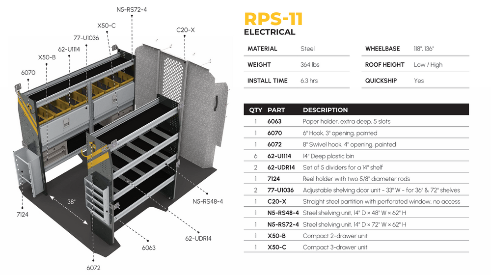 
                      
                        Electrician Van Shelving Package, RAM ProMaster, 118″ / 136″ WB – RPS-11
                      
                    