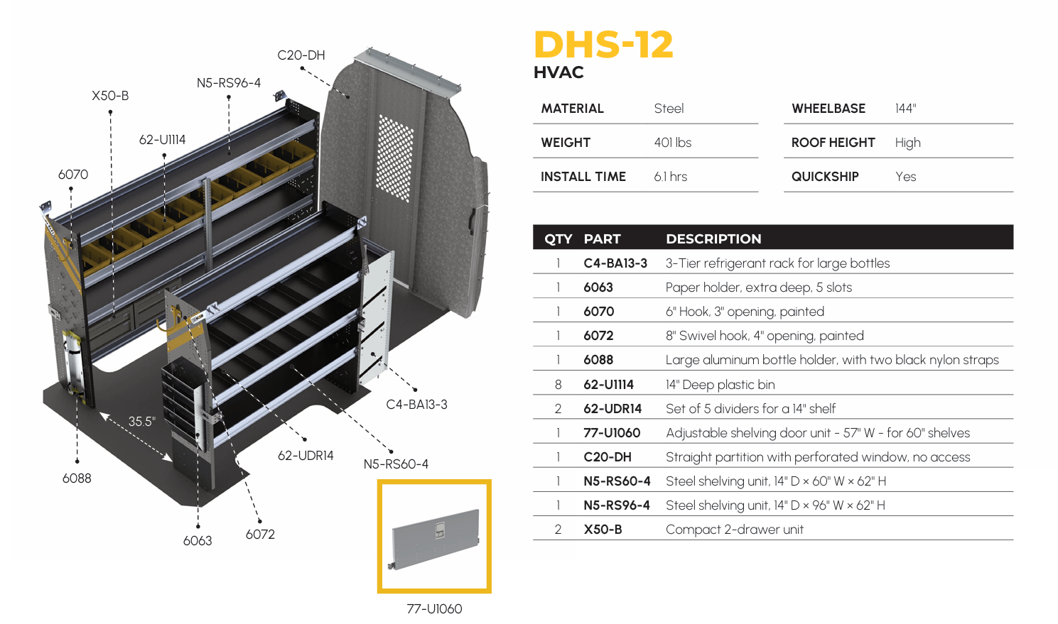 HVAC Van Shelving Package, Mercedes Sprinter, 144″ WB – DHS-12